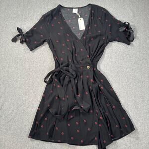 By Together Wrap Dress Women's Small Short Sleeve Bow Spotted Black V-Neck New